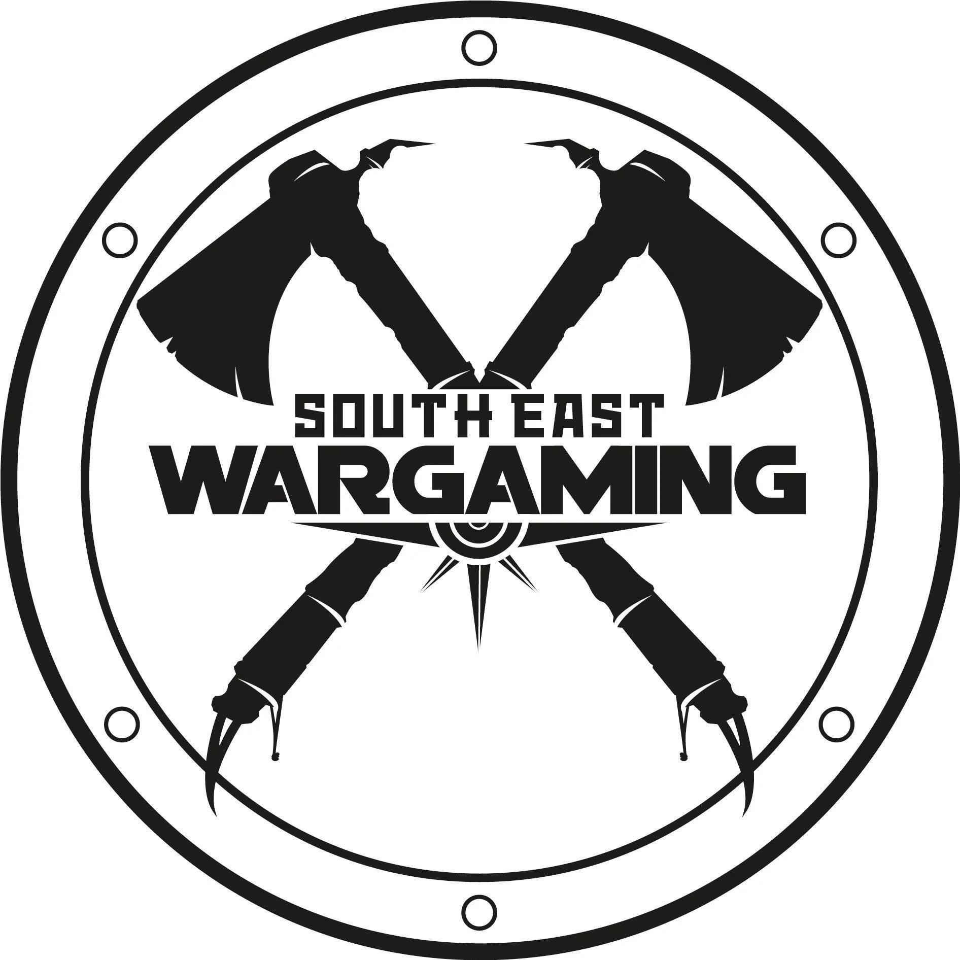 A circular logo with two crossed axes behind the text "South East Wargaming." The logo is in black and white and has a mechanical or steampunk style.
