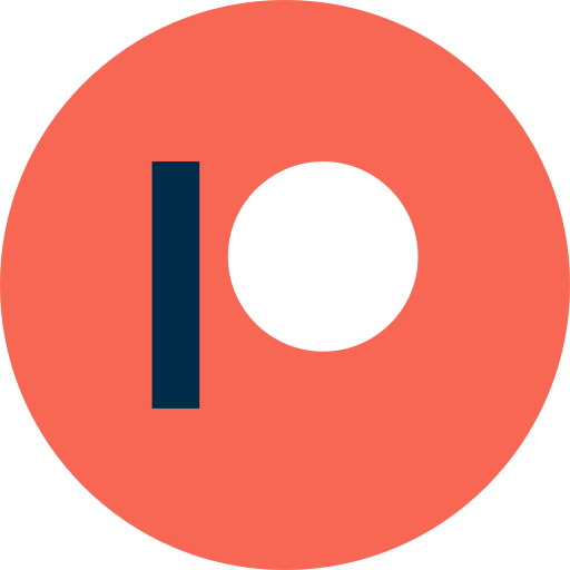Patreon logo with a pink circular background, featuring a white circle and a vertical dark blue line.