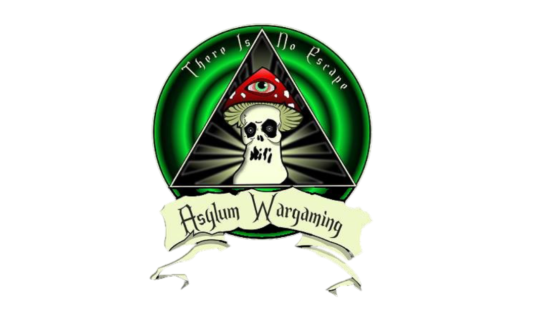 A logo with a black triangle, a skull with a mushroom cap on its head inside the triangle, surrounded by a green circular background. Above the triangle, a red mushroom with an eye, and below the triangle a banner that reads 'Asylum Worgaming'. The phrase 'There Is No Escape' is written around the green circle.