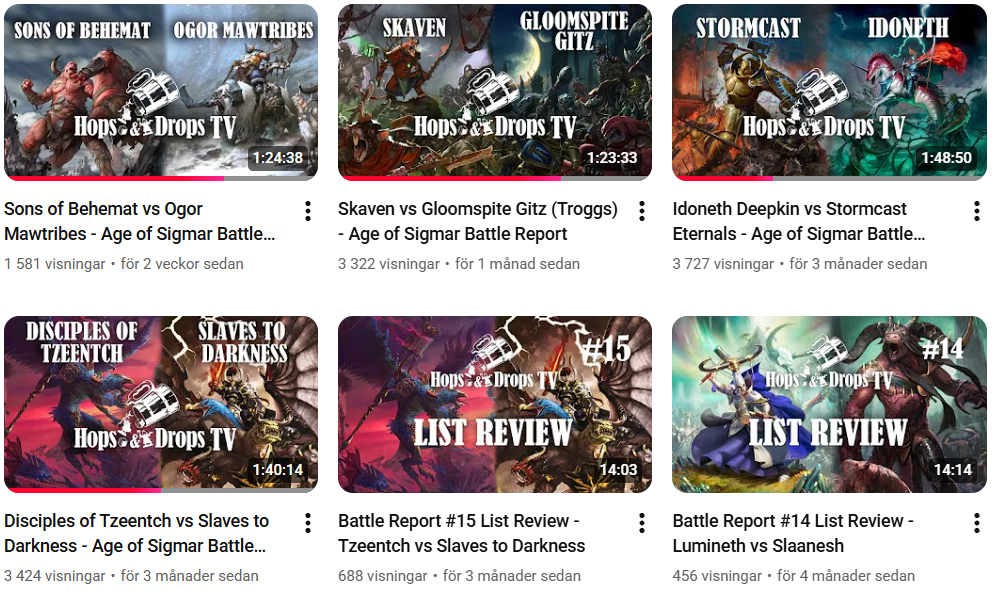 Thumbnail images from various videos on Hops & Drops TV channel focusing on Age of Sigmar battles. The images feature fantasy characters, warriors, and monsters in combat scenes.