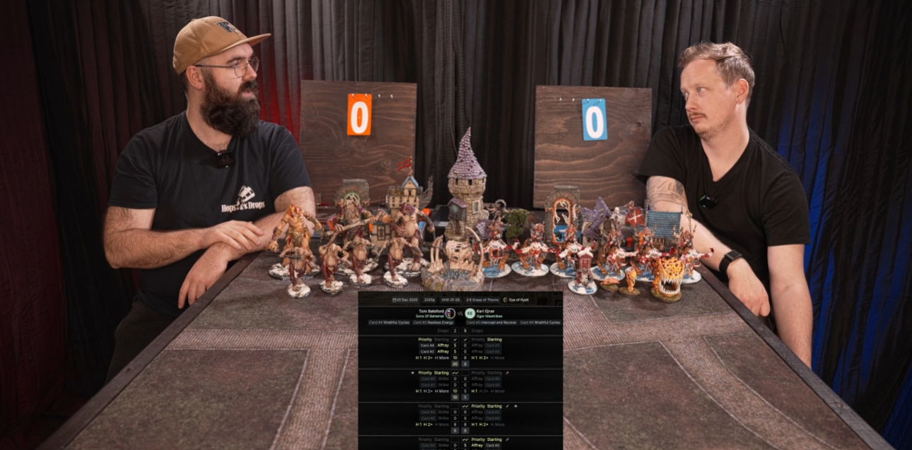 Two men sit at a table with painted miniature war game figures and terrain pieces, facing each other with split scoring boards in the background.