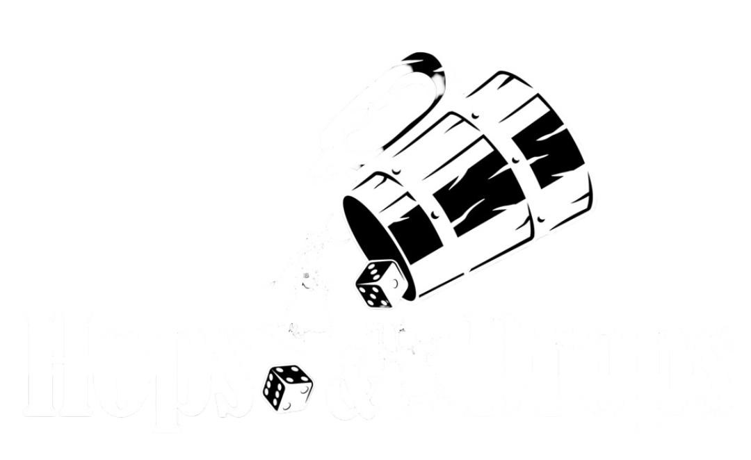 Logo with a tilted beer mug pouring beer above the text "Hops & Drops," with a marijuana leaf, a dice, and a dancing figure below the mug.