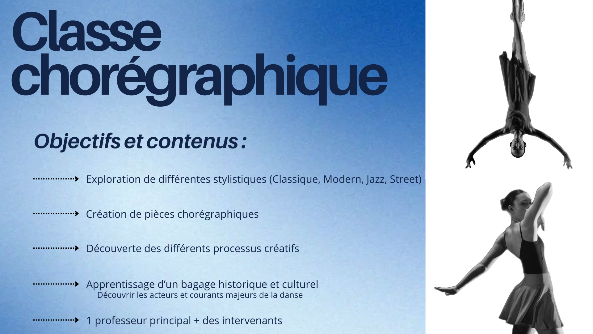 Page de présentation d'un cours de classe chorégraphique, avec des danseurs en position artistique sur la droite.