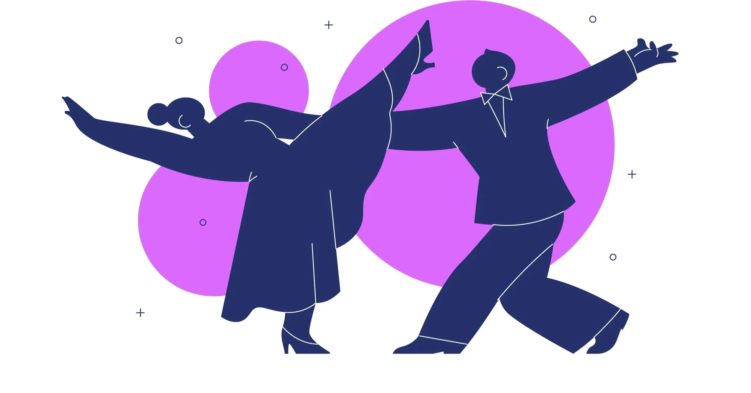 Illustration minimaliste de deux personnes dansant joyeusement avec un fond de cercles violets