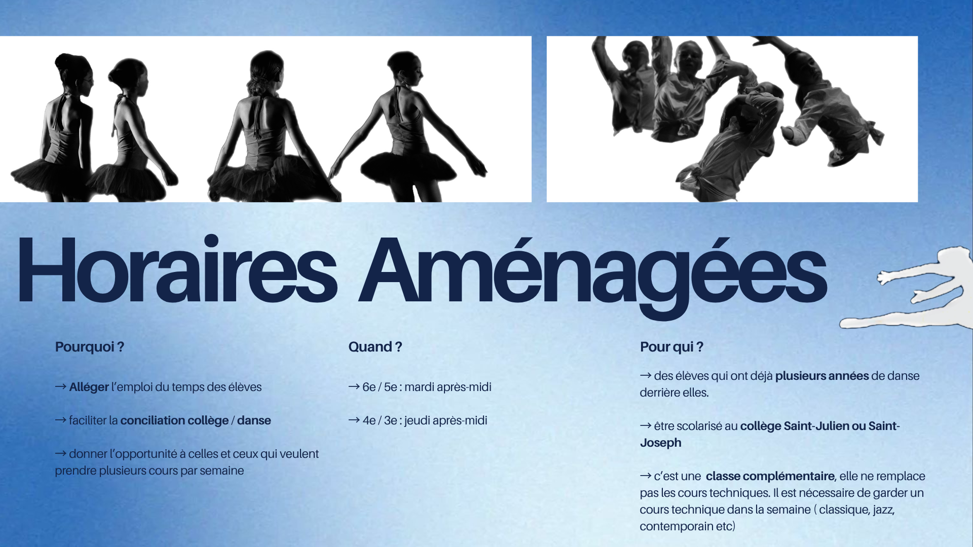 Flyer informant sur les horaires aménagés pour les activités de danse à l'école. Illustrated with silhouettes de ballerines et de danseurs en mouvement.
