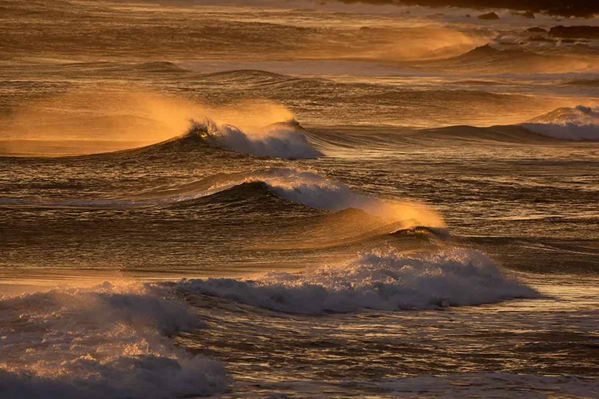 Sunset over the ocean with multiple waves crashing, illuminated by golden sunlight.
