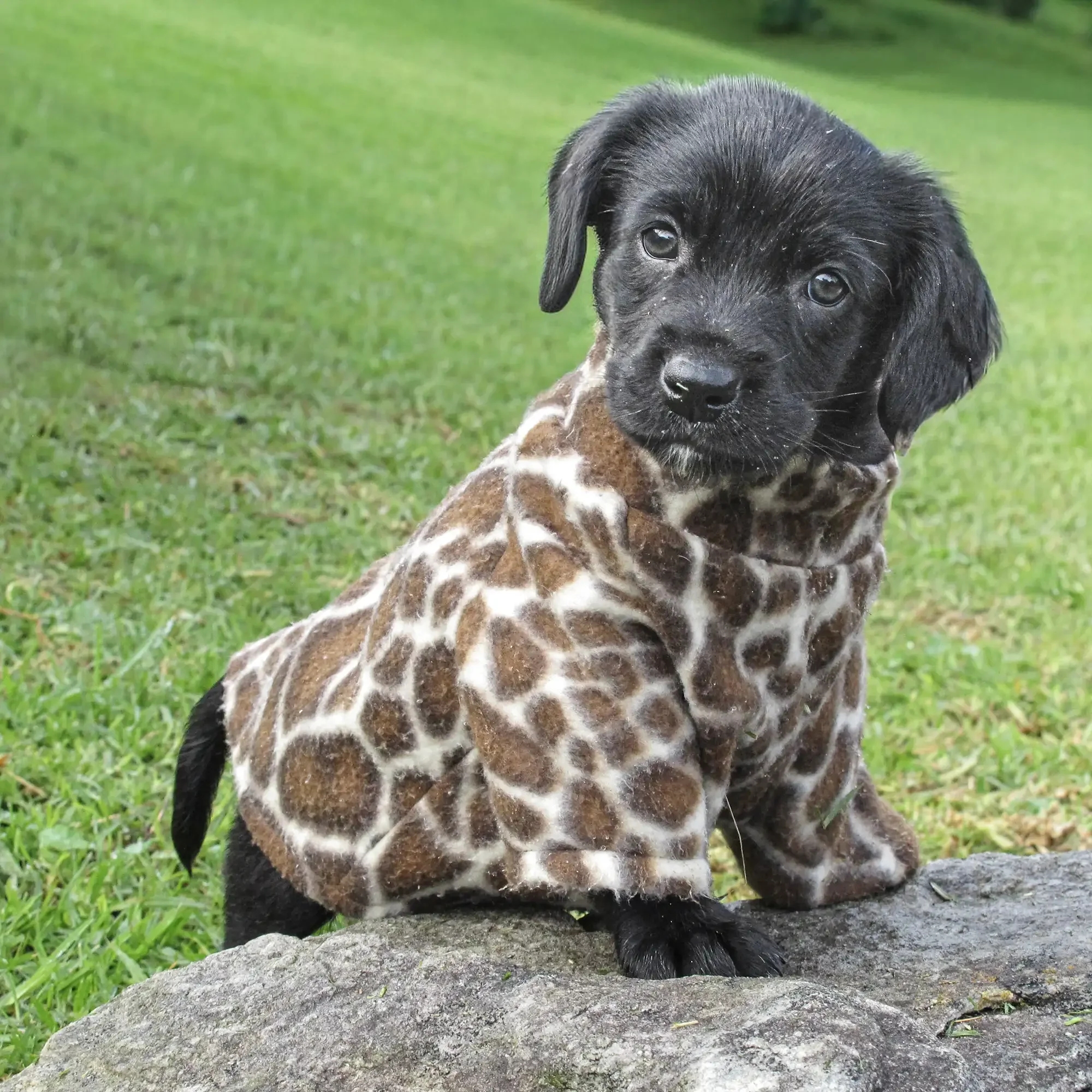 A cute puppy with a black face and floppy ears, wearing a giraffe-patterned hoodie, sitting on a rock with green grass in the background.