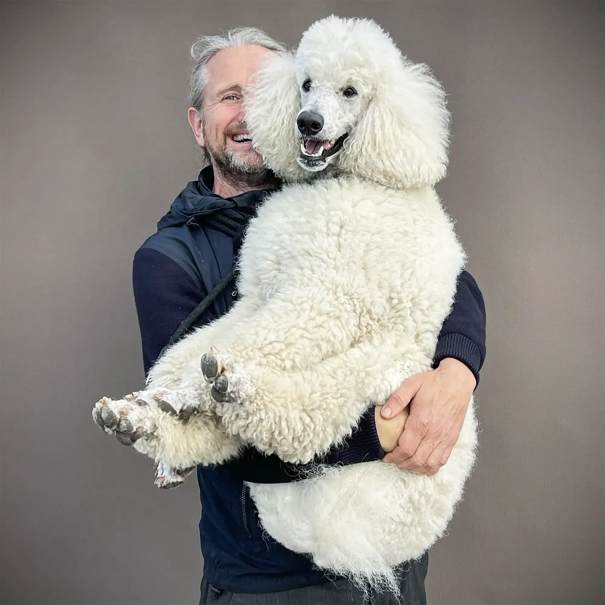 A man holding a fluffy white poodle dog with curly fur and a happy expression.