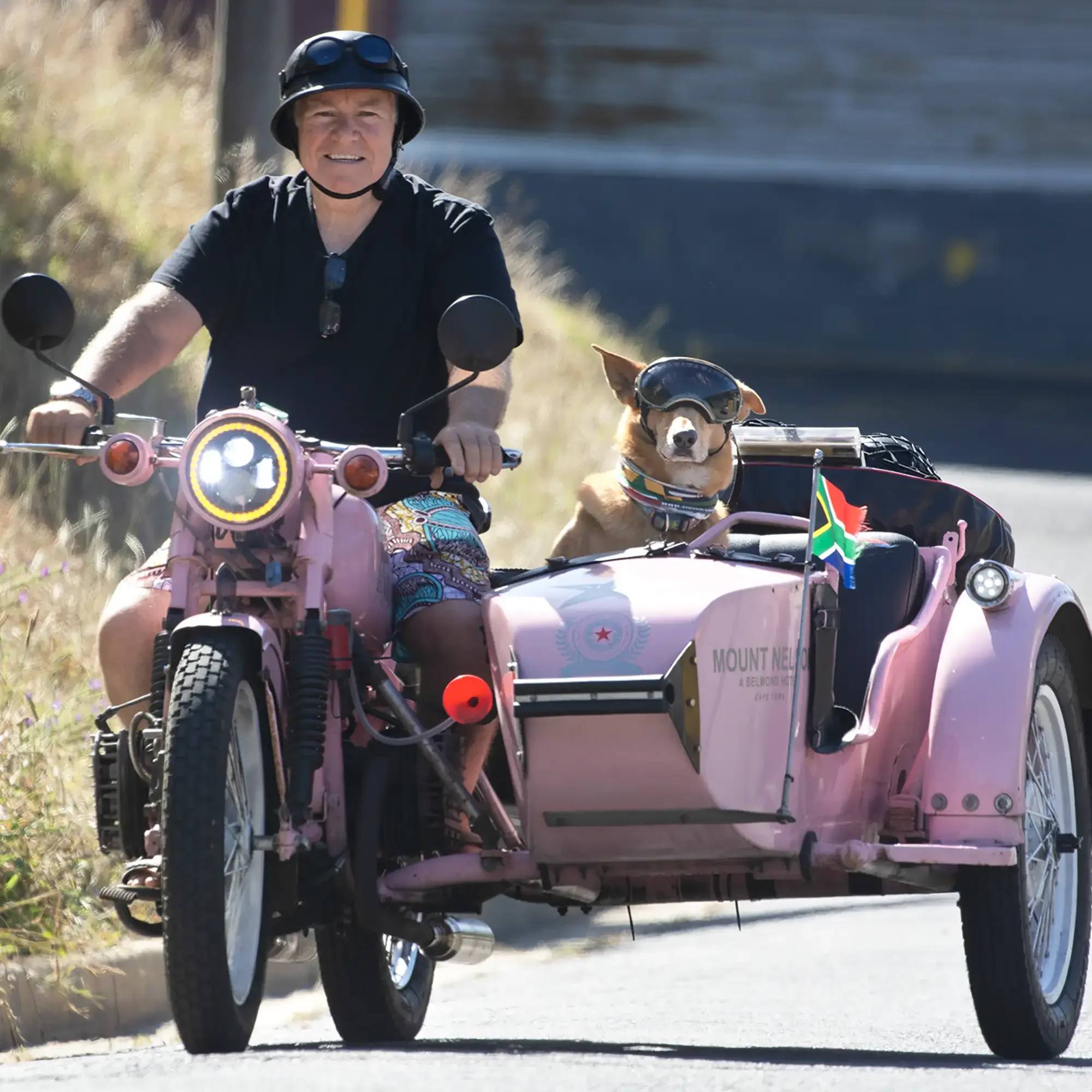 A man riding a pink motorcycle with a sidecar, accompanied by a dog wearing sunglasses. The sidecar has a small South African flag and a sign that reads 'Mount Nelson,' and the dog is also wearing sunglasses and a collar.
