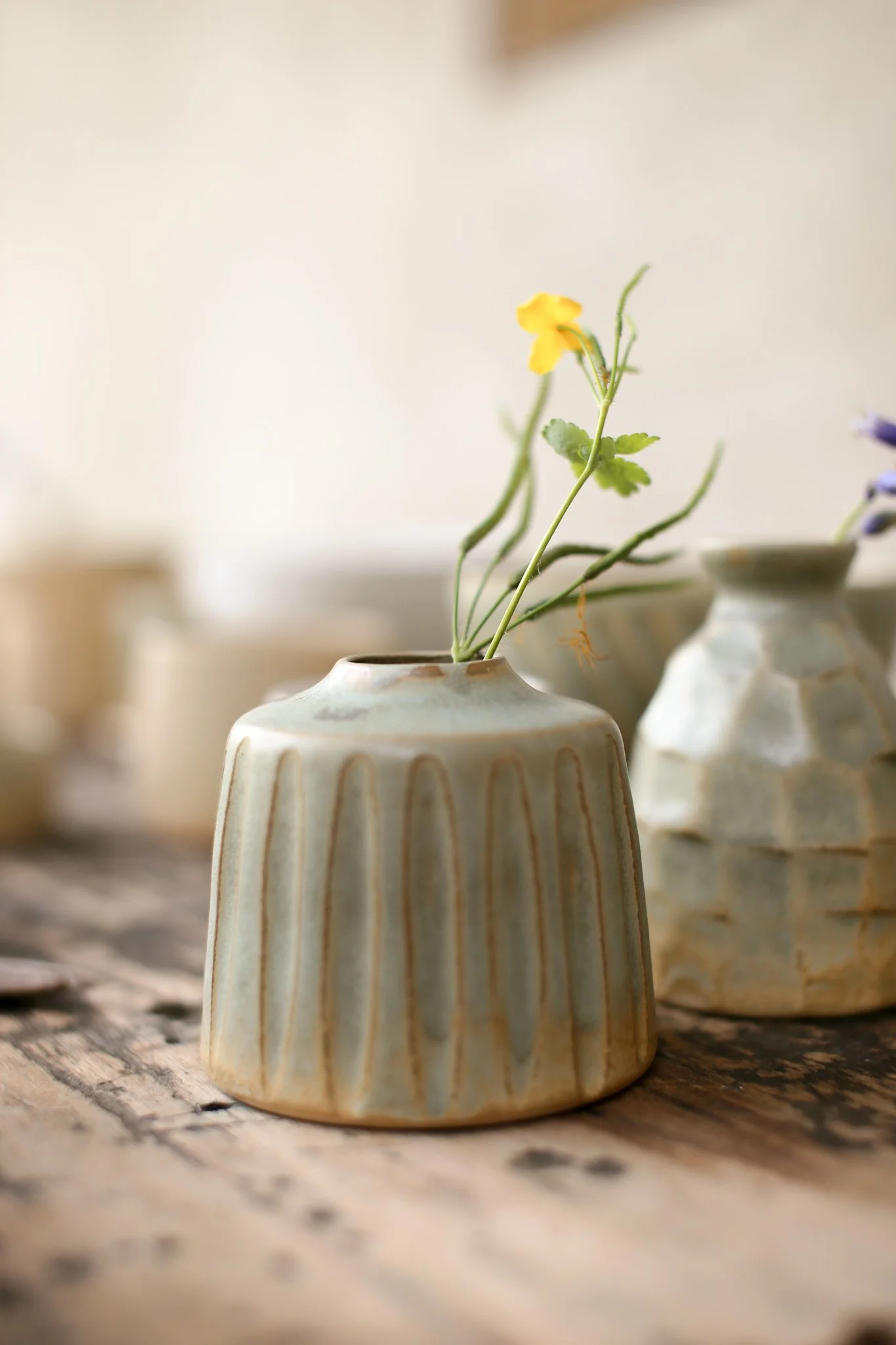 Small decorative ceramic vase with vertical ridges, holding a small yellow flower and green leaves, placed on a wooden surface, with other similar vases blurred in the background.