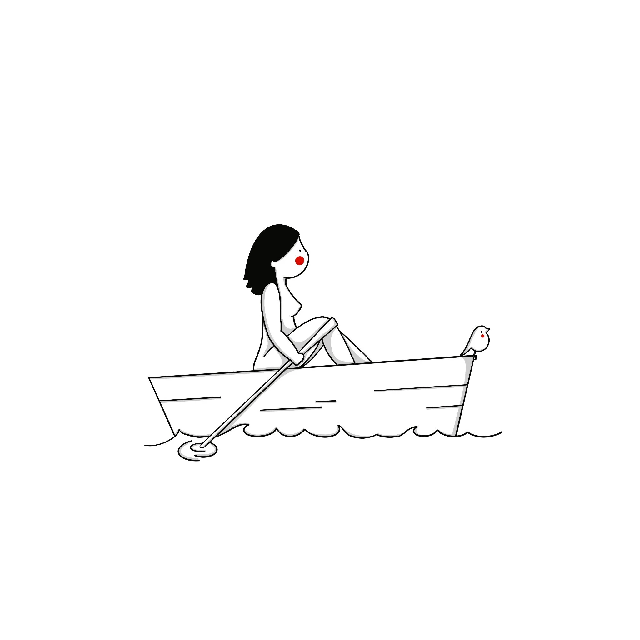 Ilustración en blanco y negro de una mujer en una barca pequeña remando con una caña en un agua tranquila. Tiene pestañas largas y cabello negro, con mejillas rojas y un pequeño pájaro en la proa de la barca.