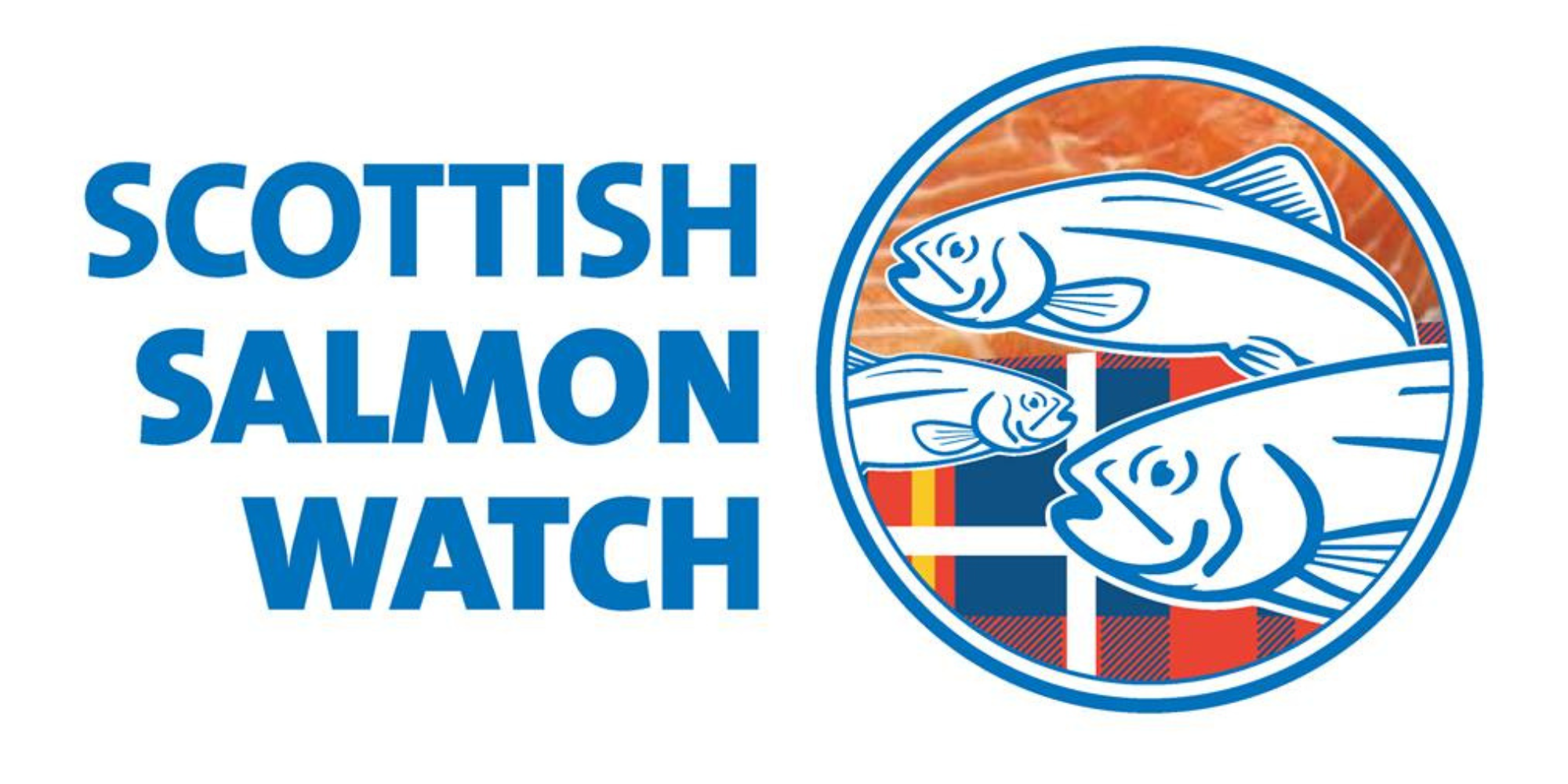 Scottish Salmon Watch logo with the text in blue and an illustration of two salmon with a Scottish flag pattern in a circular border.