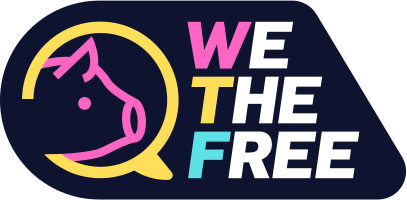 Logo for "WE THE FREE" in colourful bold letters.