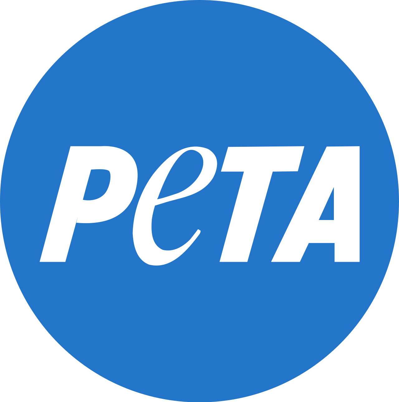 The logo of PETA with white text on a blue circular background.