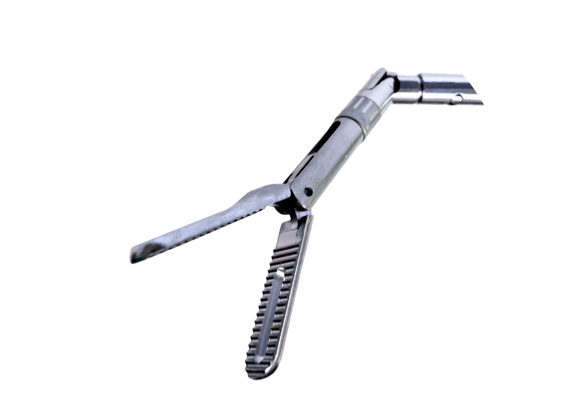 Close-up of the articulated tip of the SATA laparoscopic instrument, showing a stainless steel Fenstrated Grasper.