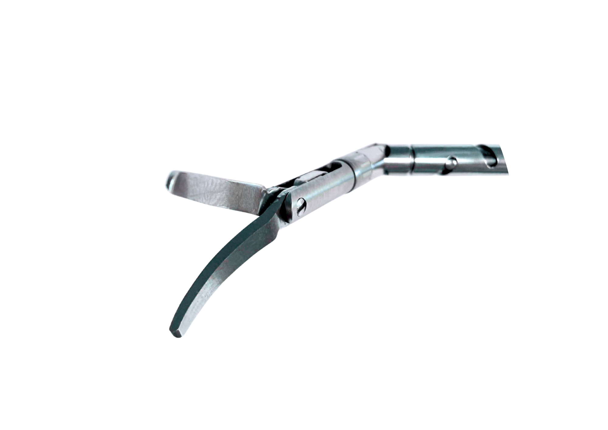 Close-up of the articulated tip of the SATA laparoscopic instrument, showing stainless steel Metzenbaum Scissors.