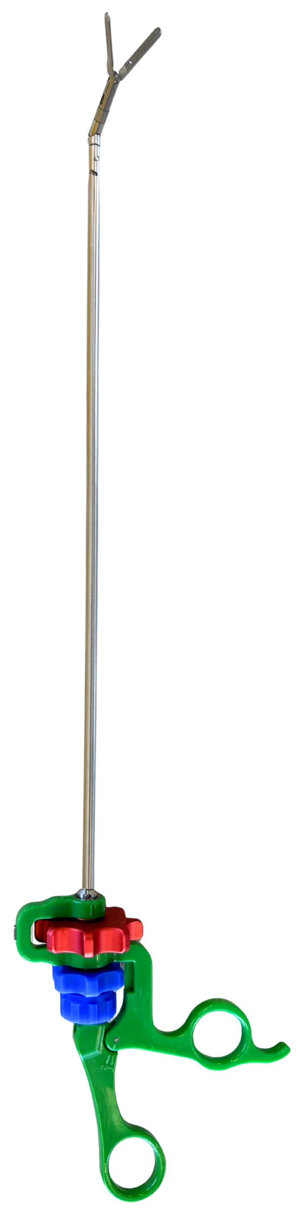 Front view of the SATA laparoscopic instrument with a green handle, red and blue control wheels, a long metal shaft, and a grasper at the tip.