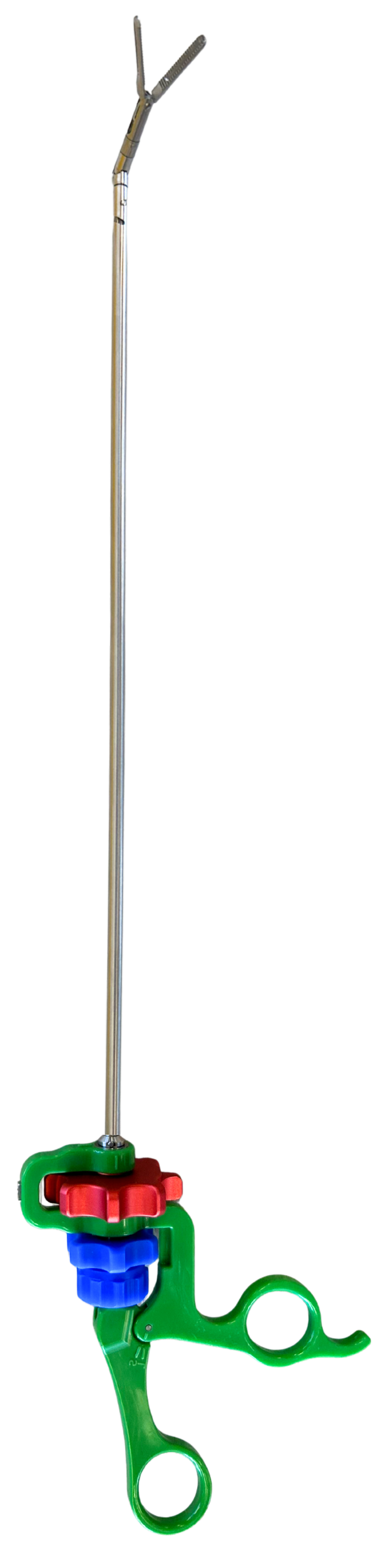 Front view of the SATA laparoscopic instrument with a green handle, red and blue control wheels, a long metal shaft, and a grasper at the tip.