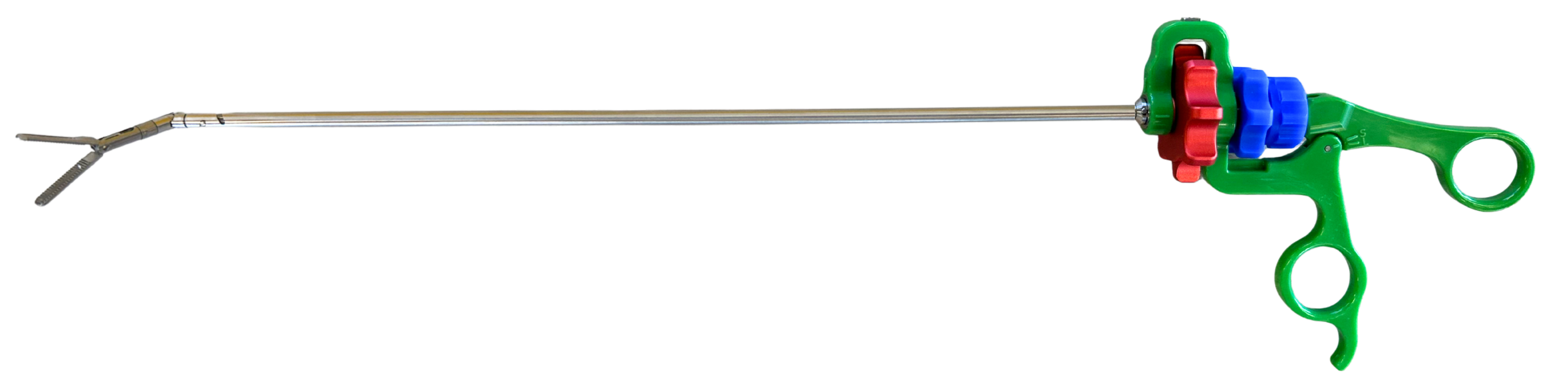 SATA Laparoscopic Instrument consisting out of a green handle with a blue and red control wheel, connected to a metal shaft and a metal grasper in articulated position.