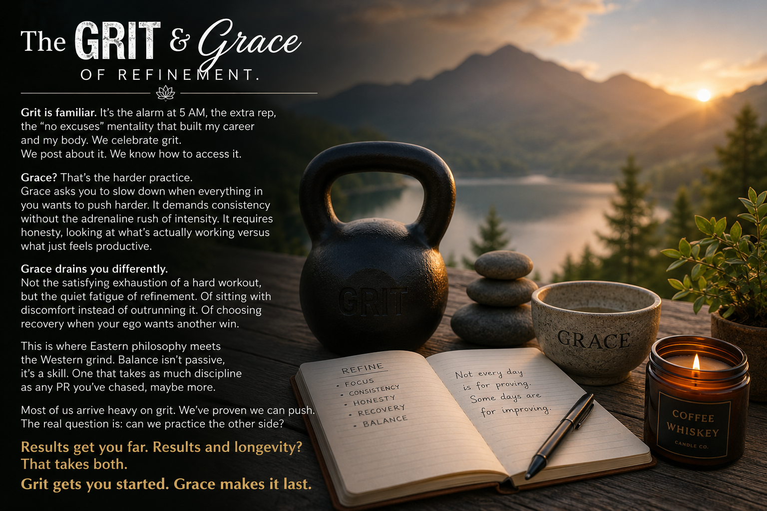 Kettlebell labeled GRIT beside a stone bowl labeled GRACE, journal, and candle at sunset — Grit and Grace Mastery