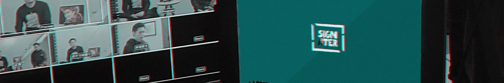 A wall with police mugshot photos arranged in a grid and a blue sign that says "SIGN AFTER".