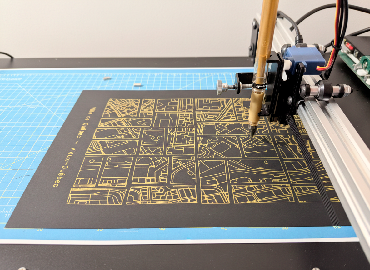 Pen plotter drawing a gold ink map of Old Quebec City (Vieux-Québec) on black paper.