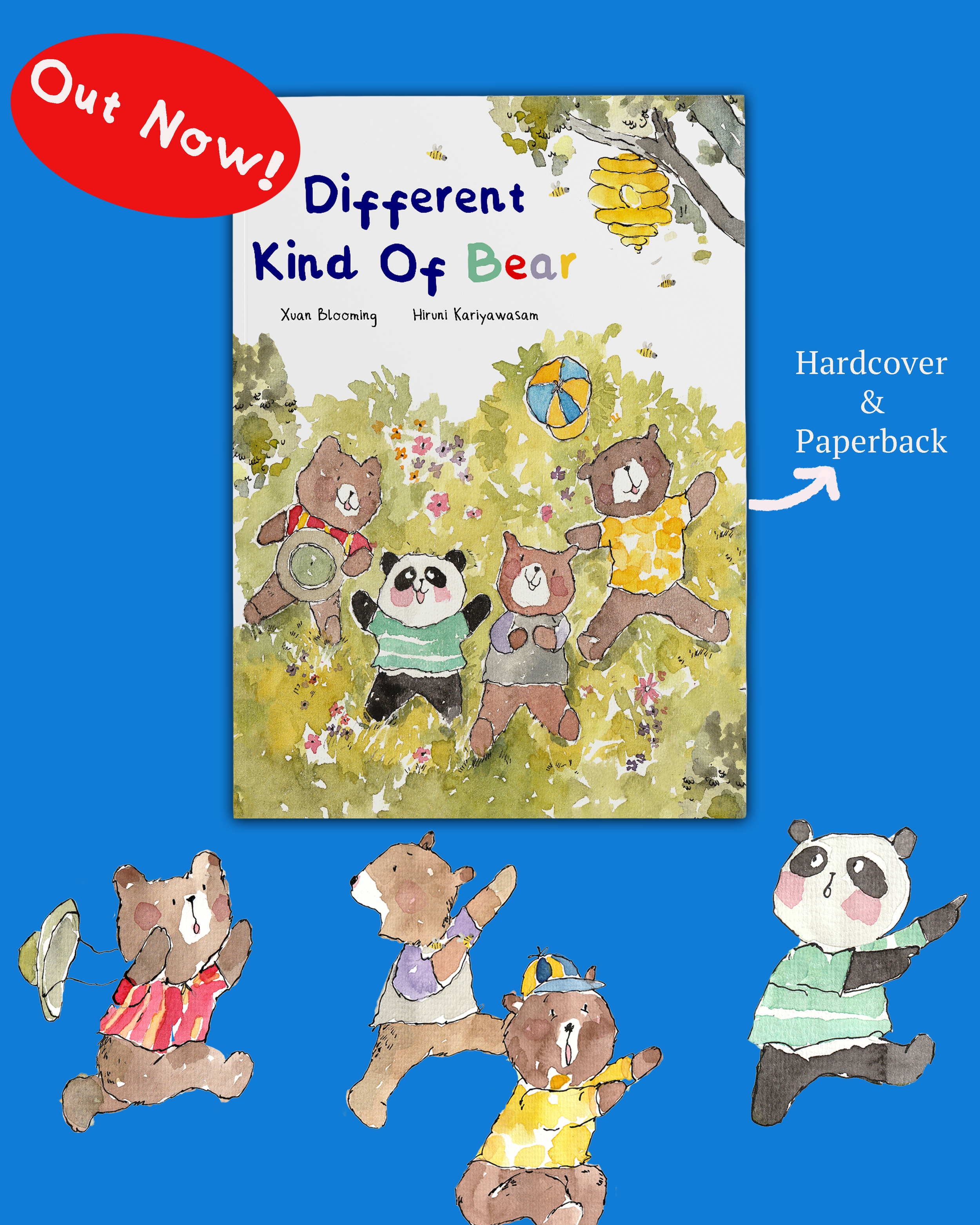 The image displays a blue background with an illustrated children's book titled 'Different Kind of Bear' by Xuan Blooming and Hiruni Kariyawasam in the center. The cover shows various animals, including bears, pandas, a koala, and a mouse, depicted in a watercolor style, with some animals shown standing or sitting, and a tree with a hive and bees in the background. There are also several animal illustrations around the book on the blue background.