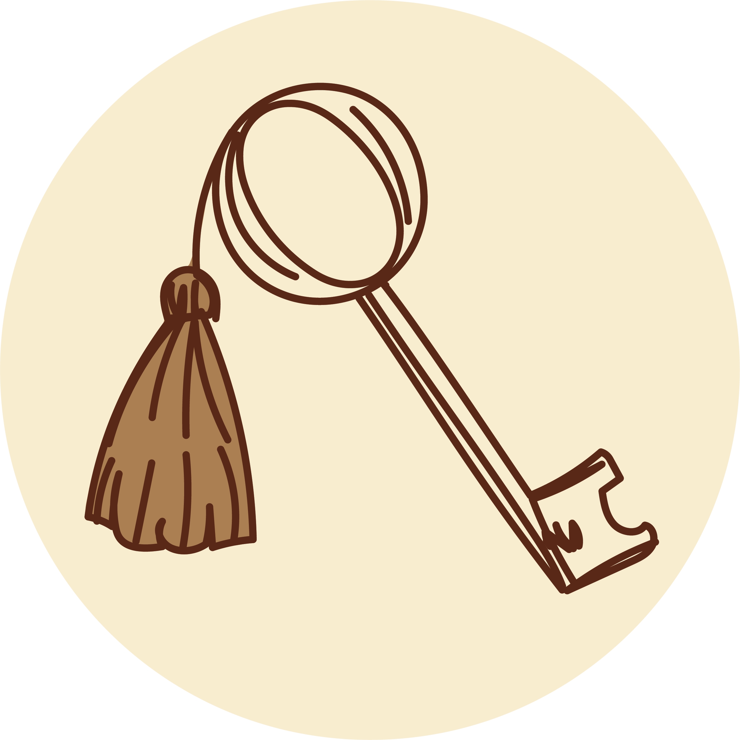 Illustration of kitchen utensils including a colander, a wooden spoon, and a spatula on a beige background.