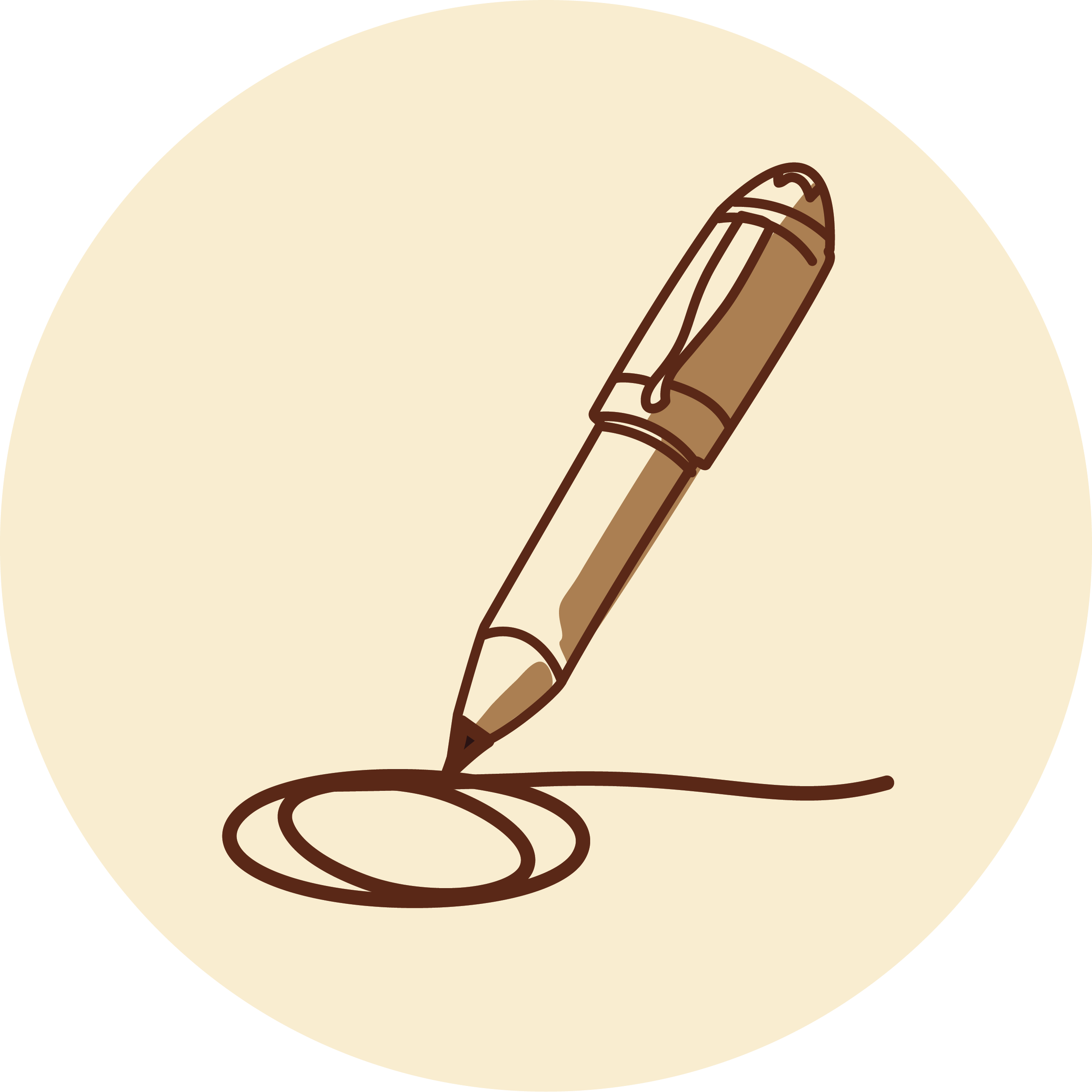 Illustration of a hand holding a brown crayon drawing a spiral on a beige circular surface.