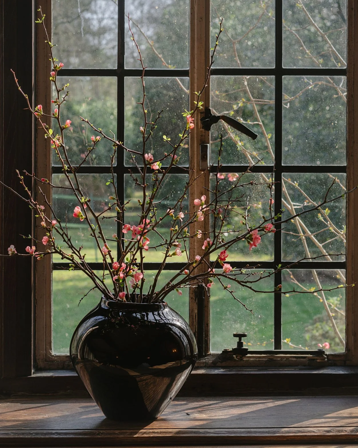 A black ceramic vase with pink flowering branches on a wooden windowsill. The window has a grid pattern and shows a blurred outdoor scene with trees and grass.