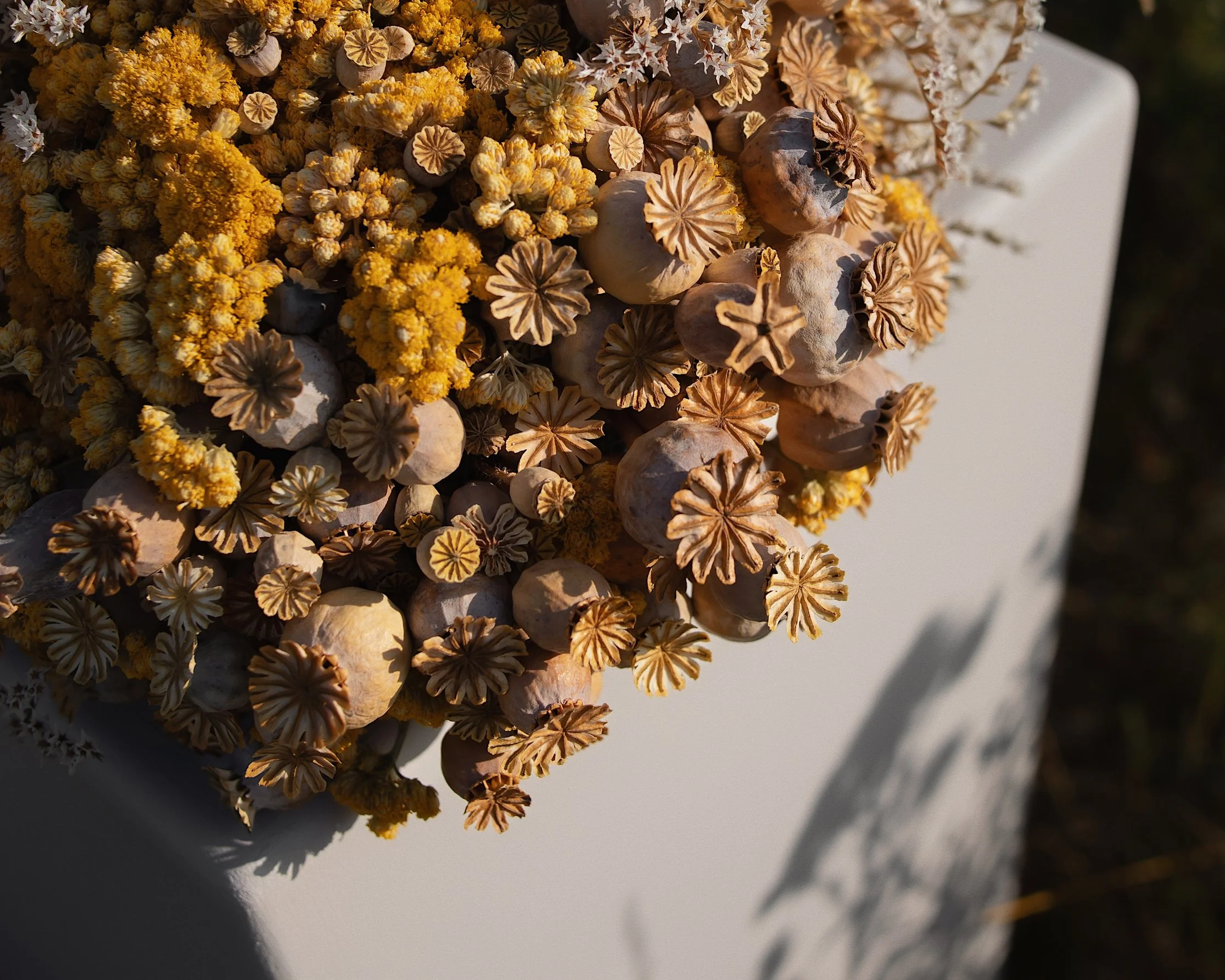 A close-up of a large installation of yellow and brown dried flowers and seed pods on a light surface.
