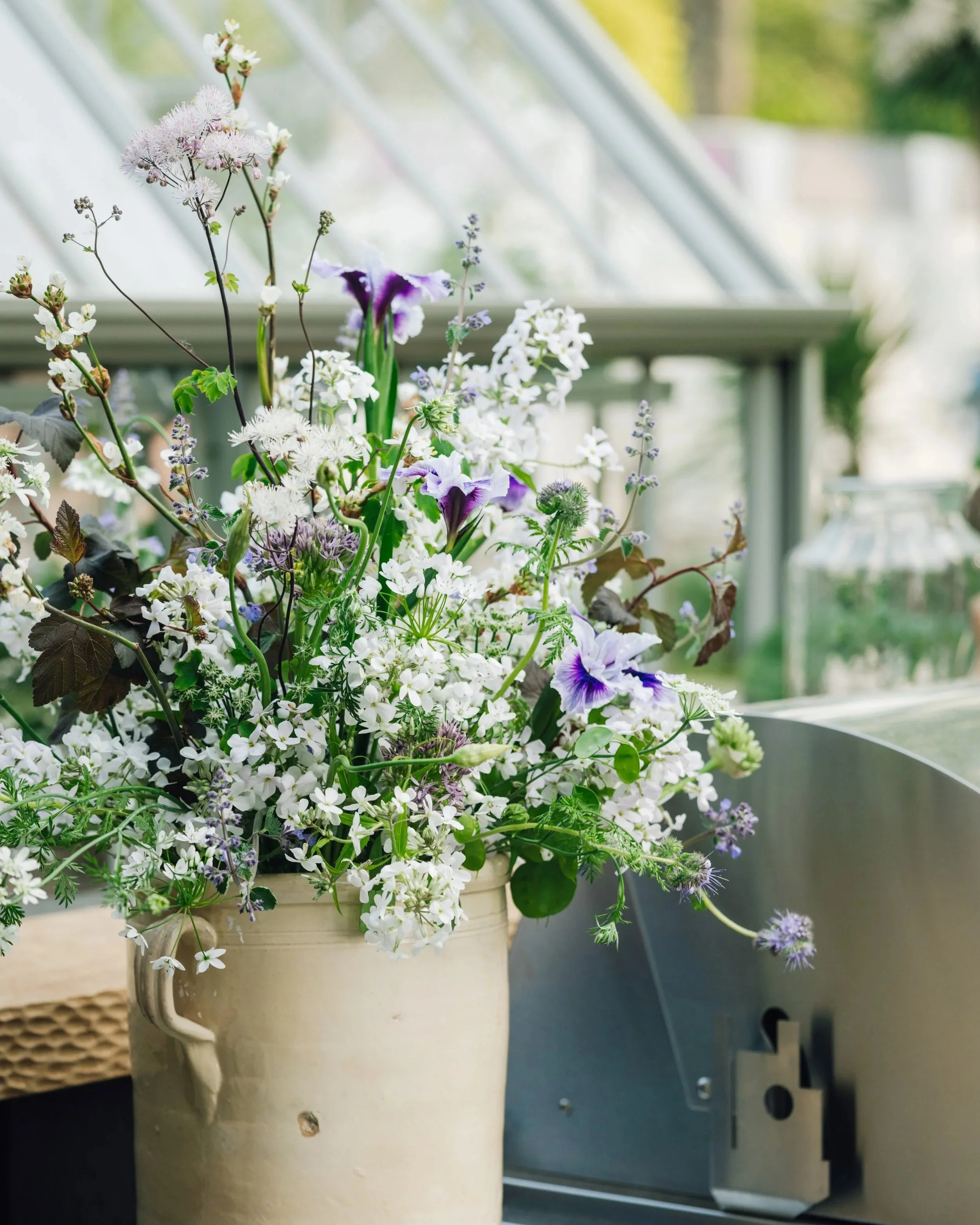 A ceramic pot filled with white, purple, and green flowering plants placed on a wooden surface near a window with a bright background.