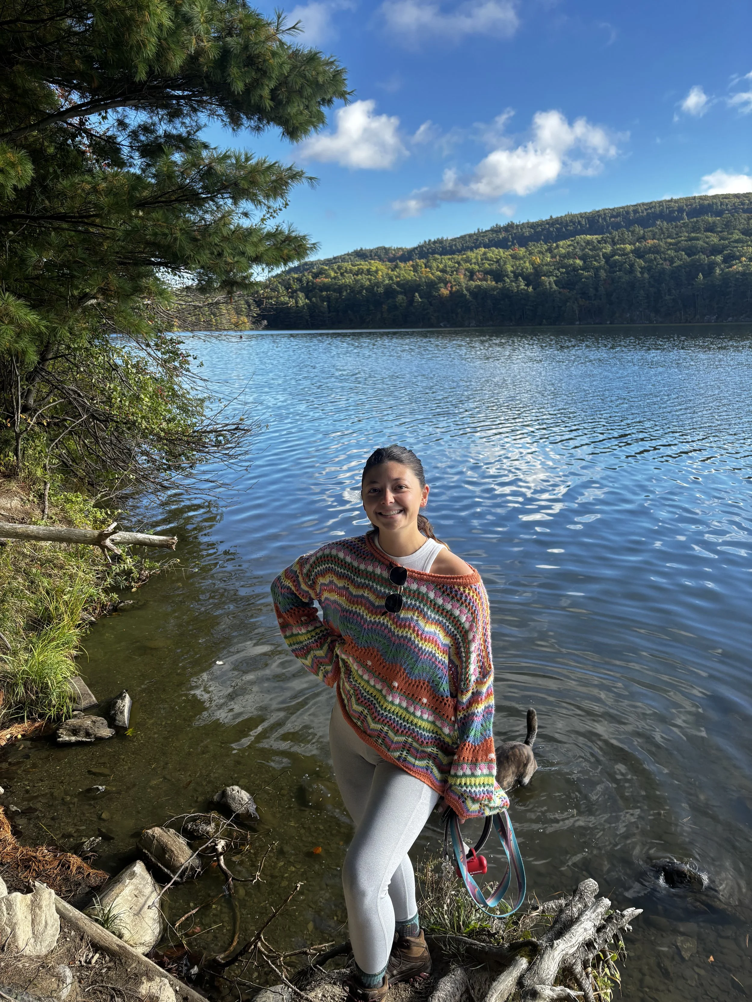A woman standing by a lakeshore with a dog, surrounded by trees and mountains under a partly cloudy sky.