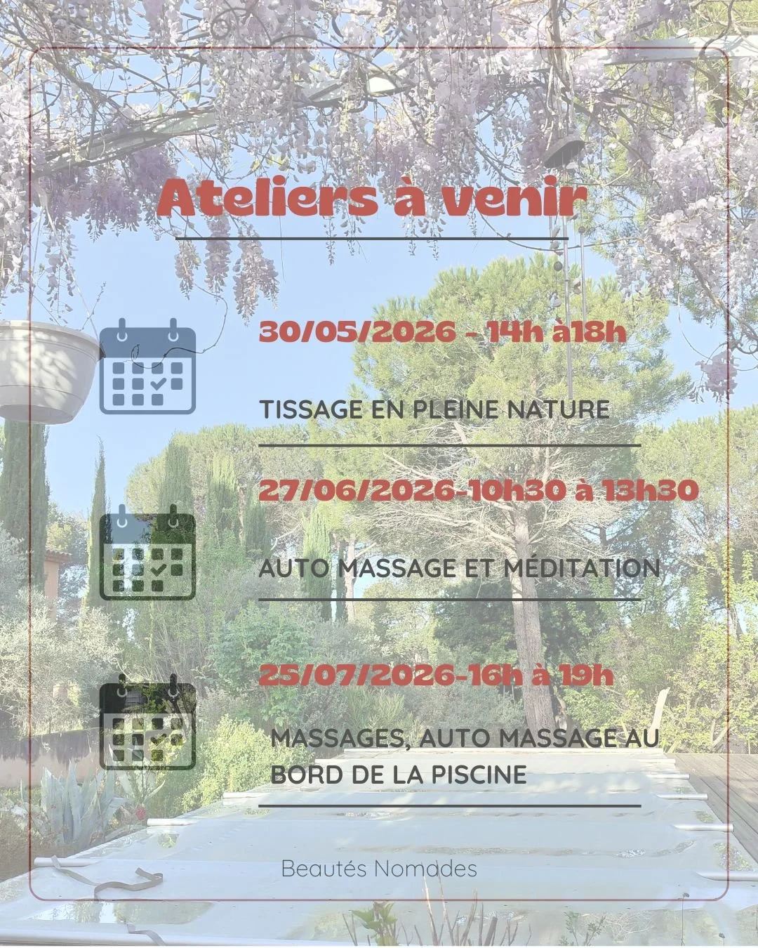 ✨ Ateliers bien-&ecirc;tre &amp; reconnexion &agrave; soi ✨

Et si vous vous offriez une parenth&egrave;se hors du temps&hellip;
Un moment pour ralentir, respirer, vous recentrer et simplement &ecirc;tre.

Je vous propose une s&eacute;rie d&rsquo;ate