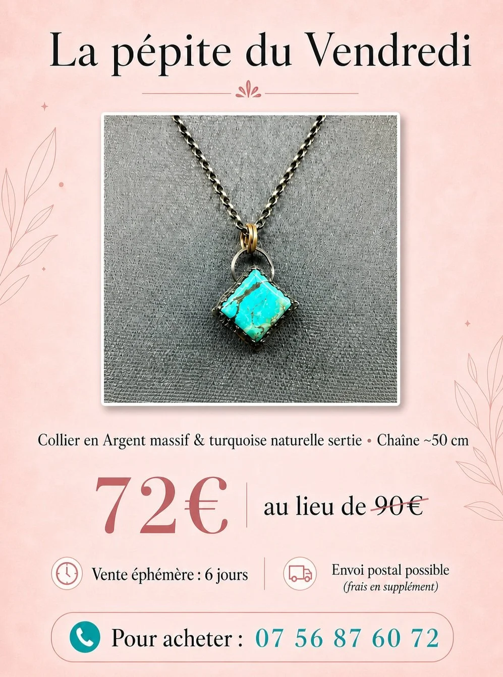 💎 D&eacute;couvrez cette pi&egrave;ce unique ! 💎

Un collier en argent massif orn&eacute; d&rsquo;une turquoise naturelle sertie, alliant &eacute;l&eacute;gance et authenticit&eacute;. 

Cette cr&eacute;ation est unique.
Chaque bijou est cr&eacute;