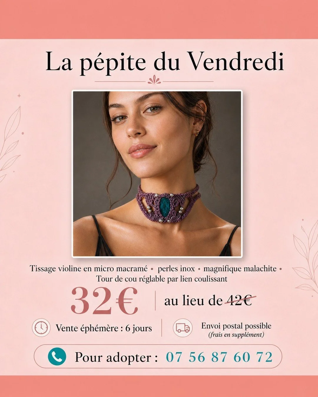 ✨ La p&eacute;pite du vendredi est l&agrave; ! ✨

Laissez-vous s&eacute;duire par ce magnifique tour de cou en micro-macram&eacute; violine, sublim&eacute; par des perles inox et une belle malachite 💜💚

Un bijou unique, r&eacute;glable gr&acirc;ce 