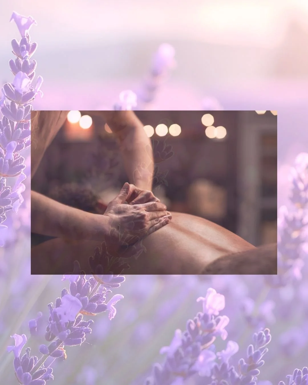 Une personne reçoit un massage ou un traitement thérapeutique sur le dos dans un cadre relaxant avec des fleurs violettes en fond.