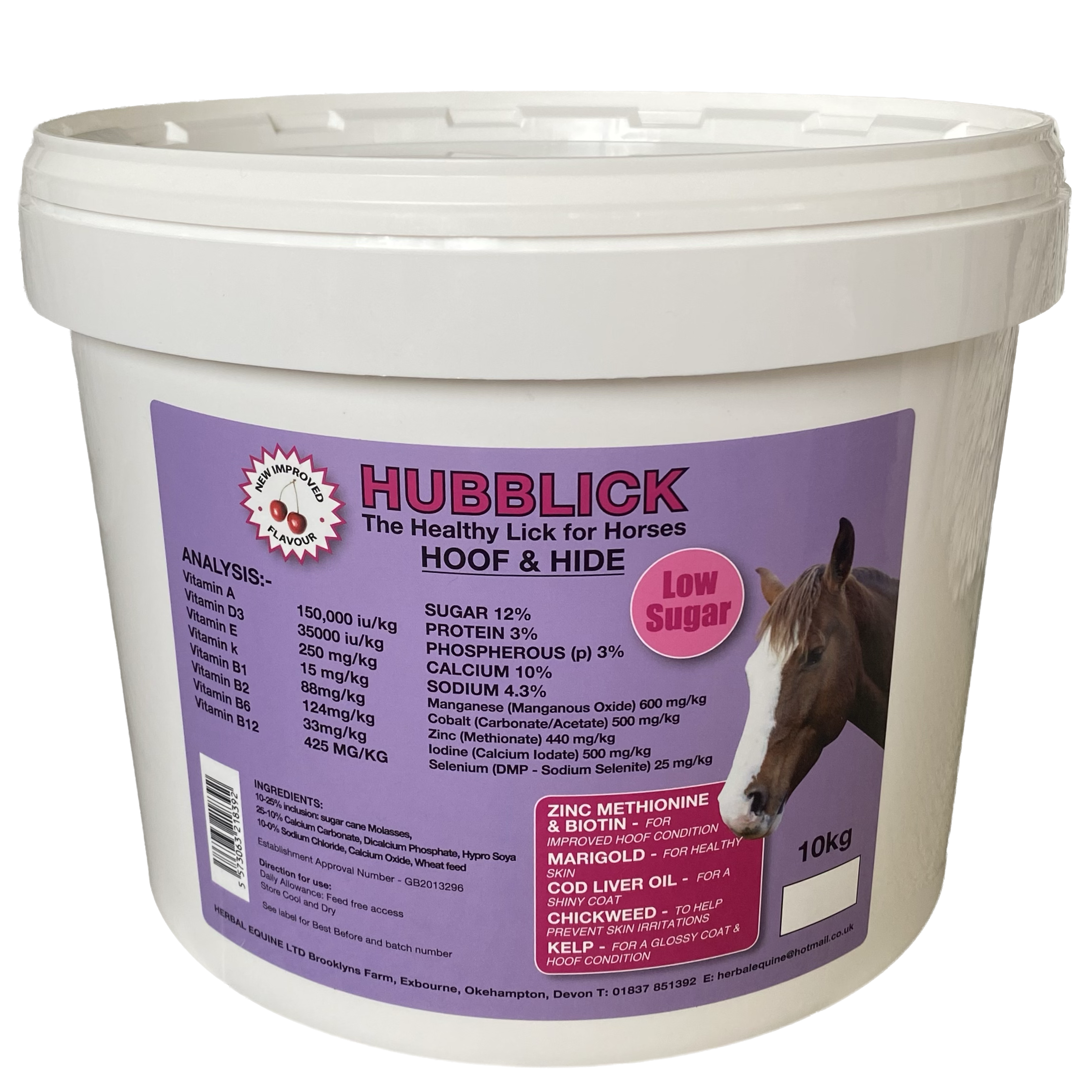 White bucket labeled 'Hublick The Healthy Lick for Horses' with a picture of a horse and the words 'Low Sugar'. The label lists ingredients and nutritional analysis, indicating it is a horse lick product.