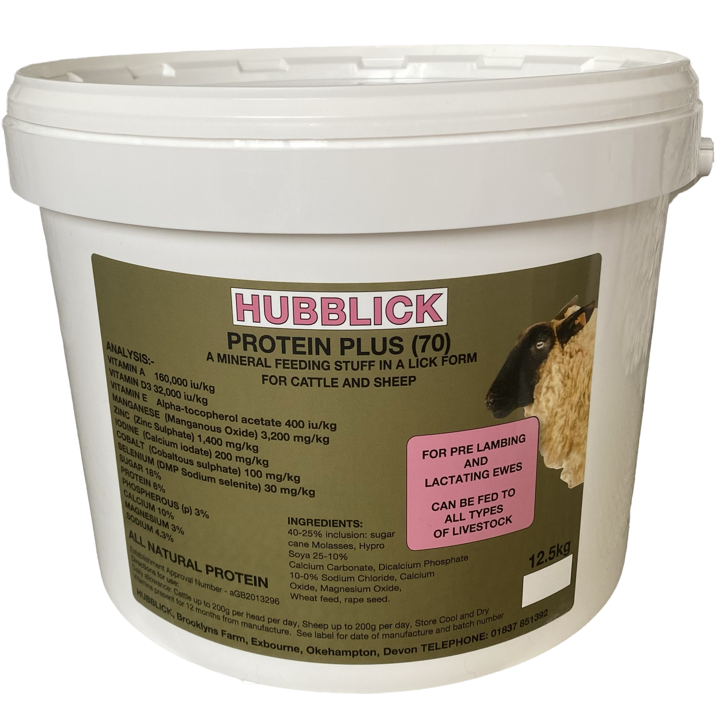 A white bucket of HUBBLICK Protein Plus feed with branding and product details on the label, featuring a sheep and a goat.
