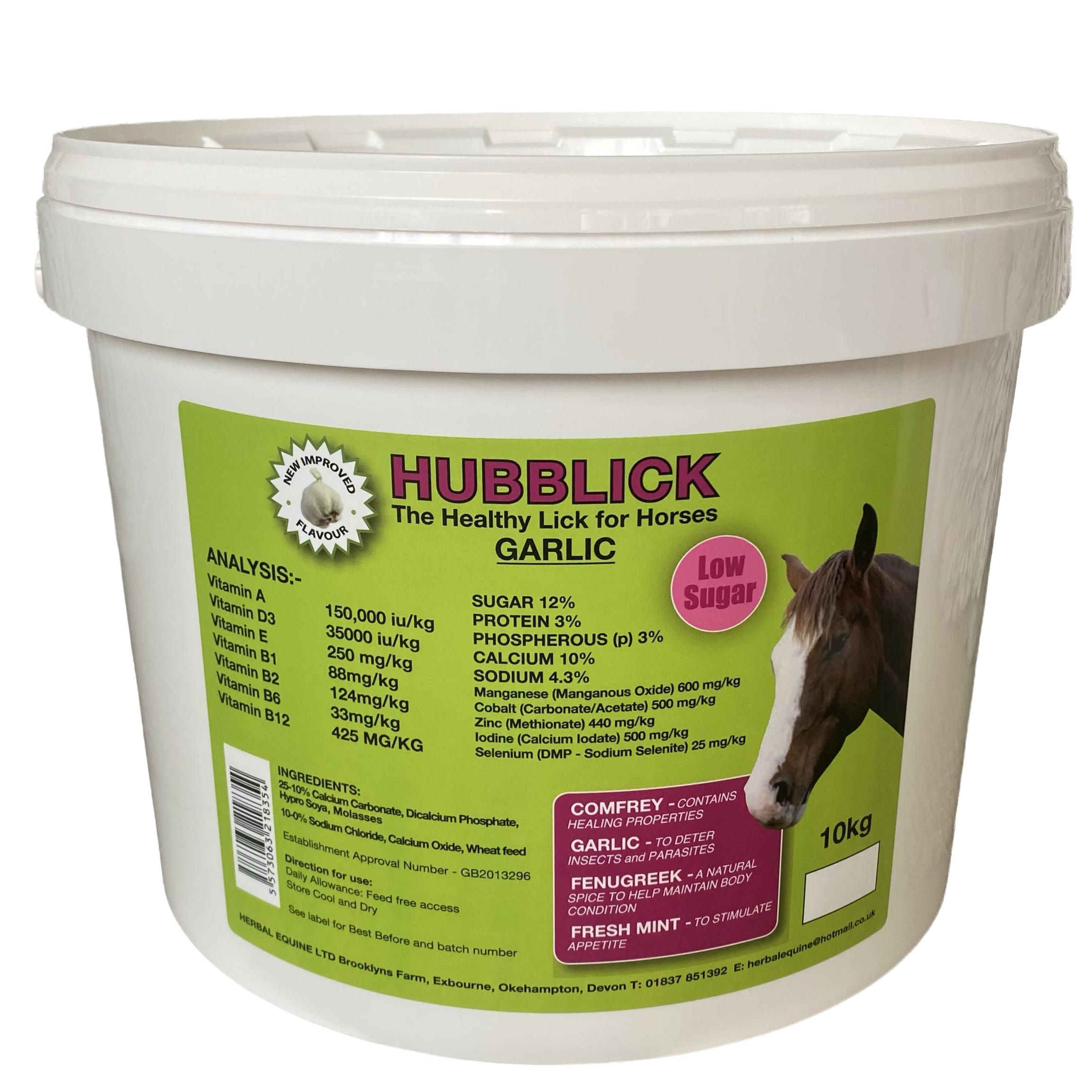 A 10kg container of Hubllick garlic horselick supplement with green and pink labels, featuring a horse's head and details about ingredients and nutritional analysis.