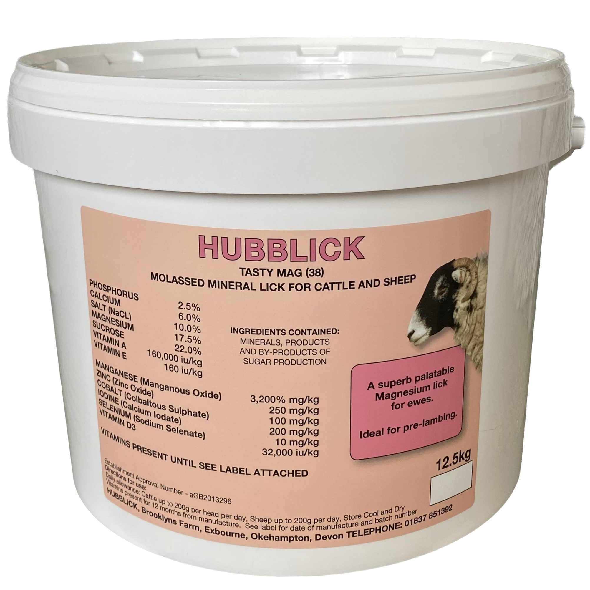 White plastic bucket of livestock mineral lick called Hubblick, 12.5 kg, for cattle and sheep, with a pink label listing ingredients and information, including magnesium, calcium, salt, and vitamins, and a picture of a sheep and a cow.