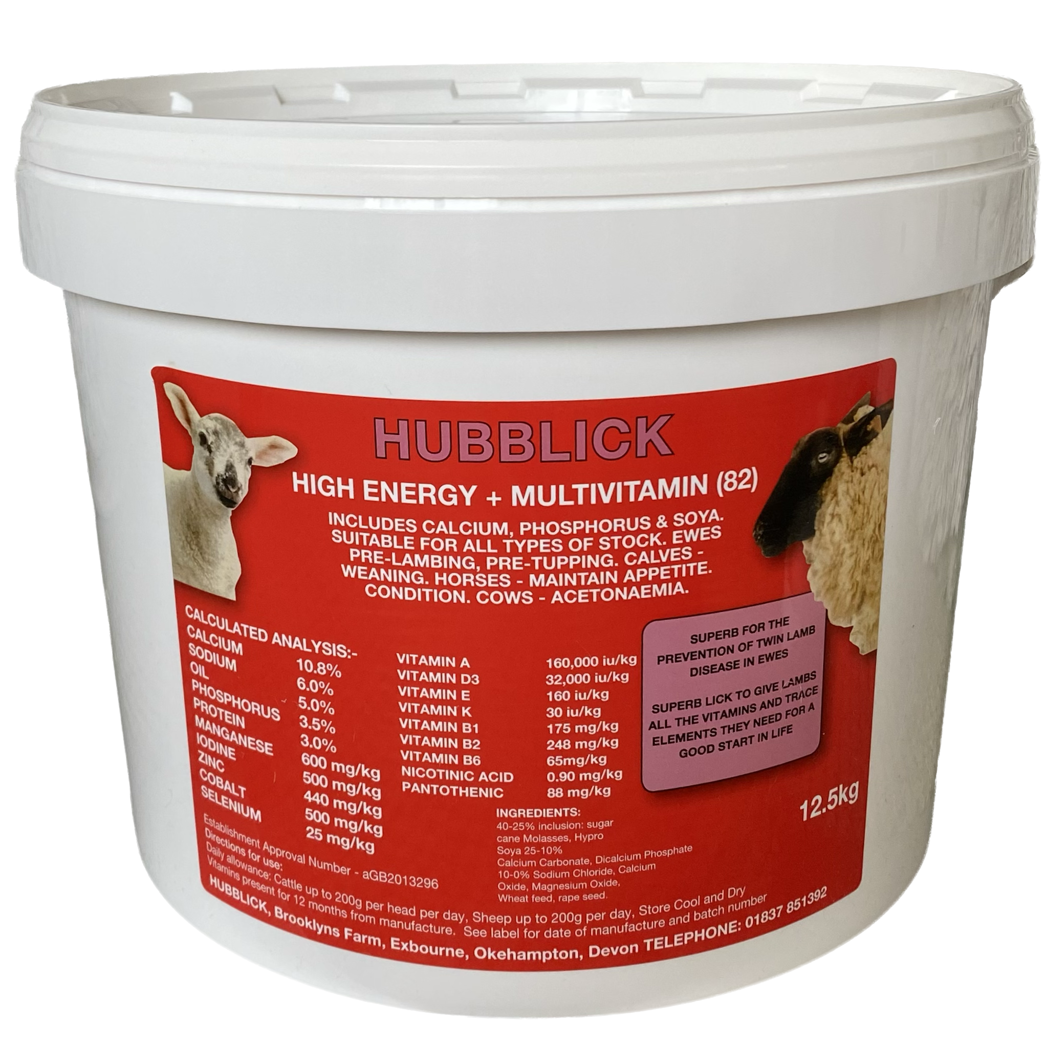 White bucket containing high energy multivitamin supplement for livestock, labeled 'HUBBLICK' with images of a goat and a sheep.
