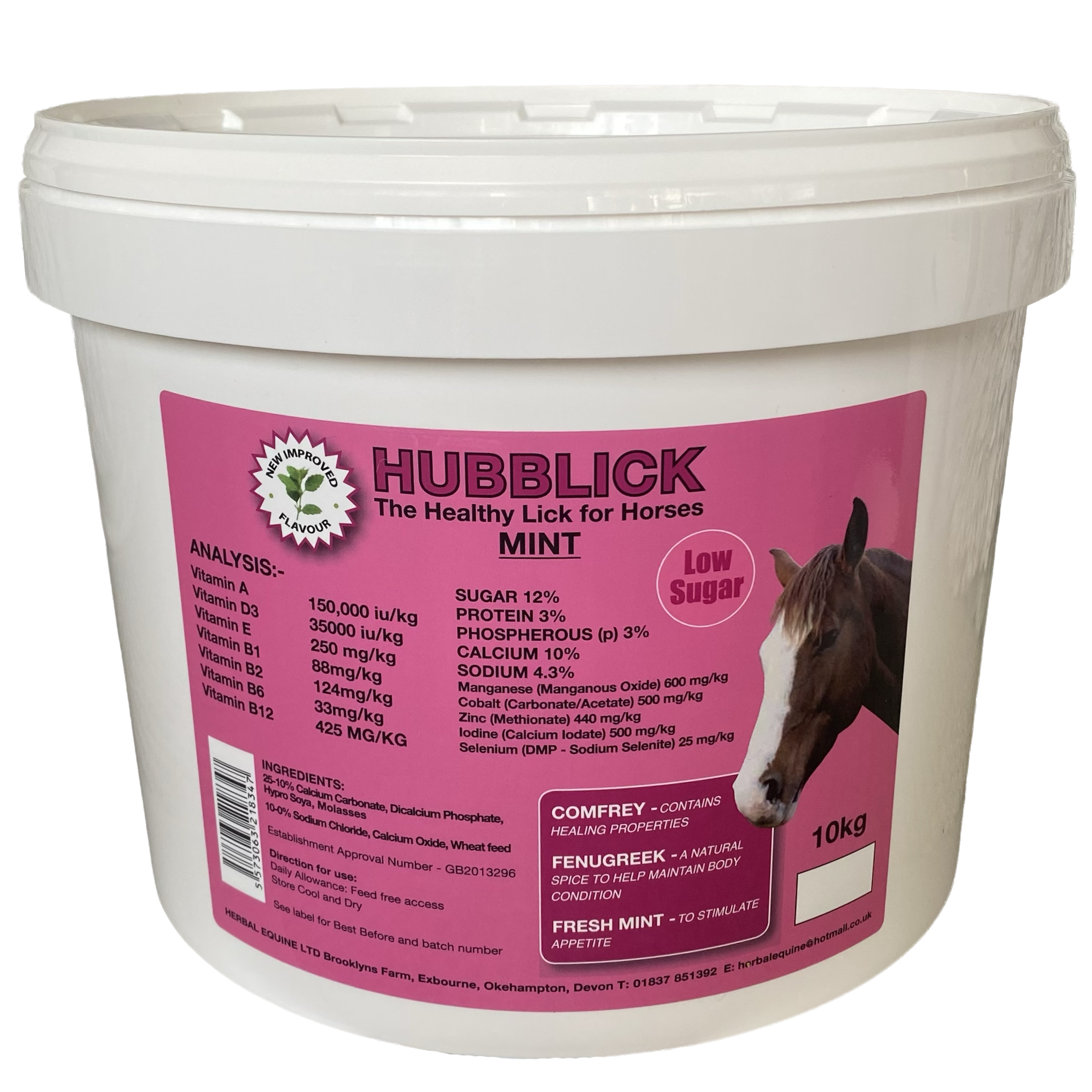 White bucket of horse supplement labeled 'HUBBLICK The Healthy Lick for Horses MINT' with a picture of a horse, pink label, and information about ingredients and analysis.