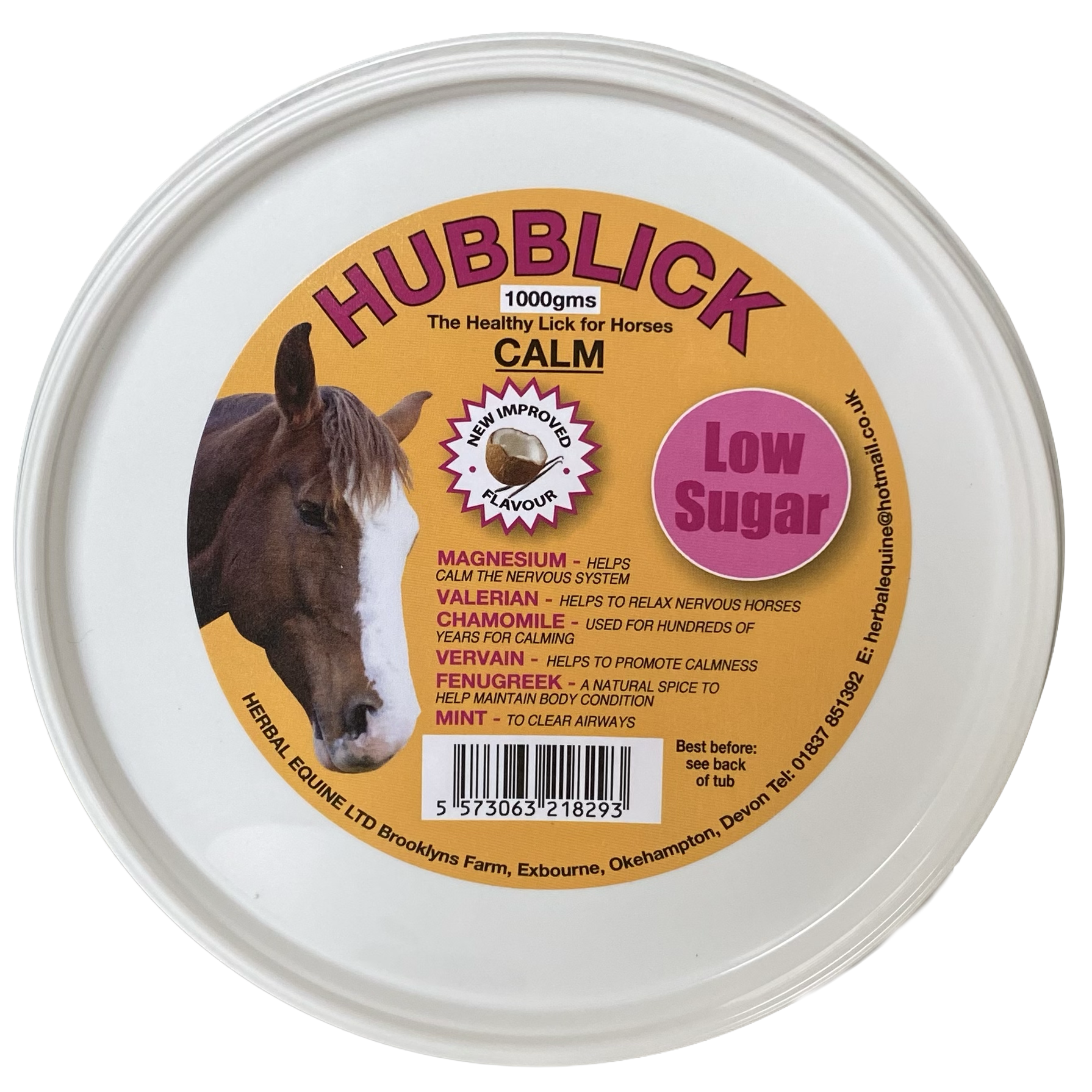 A round container of herbal horse supplement labeled "Hubblick Calm" with a picture of a horse and text describing ingredients and benefits, including magnesium, valerian, chamomile, vervain, fenugreek, and mint, indicating it is low sugar.