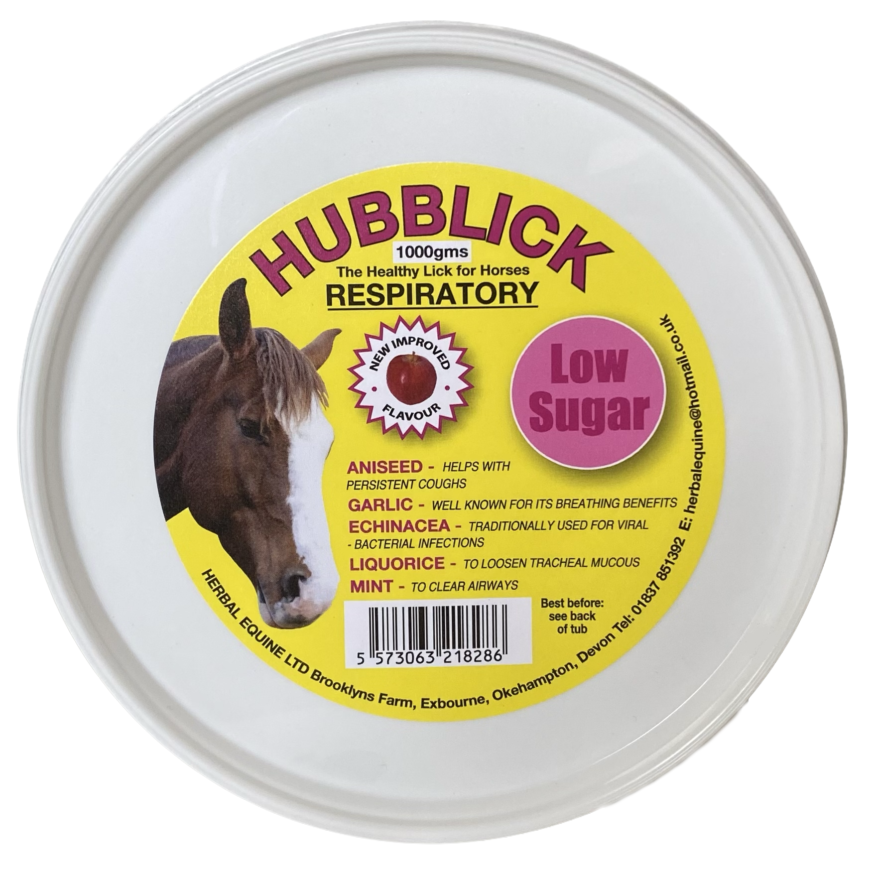 Yellow circular label on a white container, featuring a horse's face on the left and text about herbal horse supplement, including flavor, ingredients, and company information.