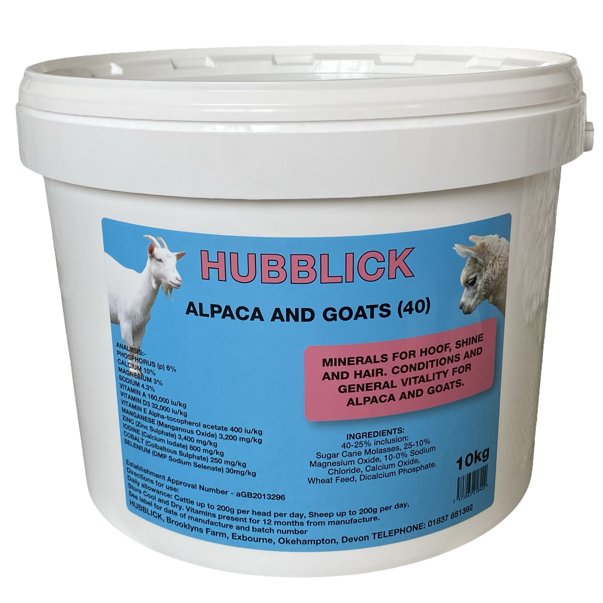 A white plastic bucket container of Hubllick alpaca and goat feed with a blue label featuring images of a goat and a sheep.