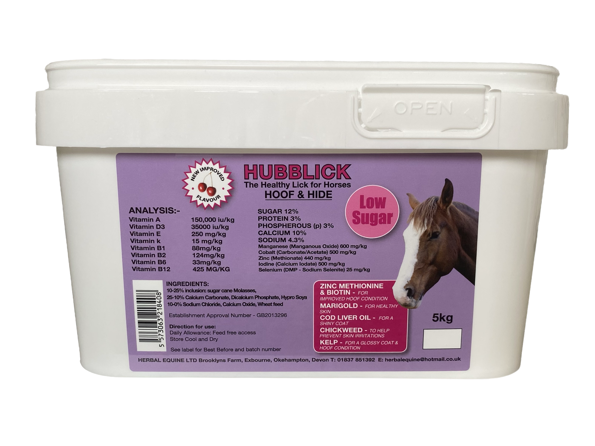 White plastic container of horse supplement labeled 'HUBBLICK Low Sugar' with a picture of a horse's head, purple label, and details about ingredients, analysis, and usage instructions.