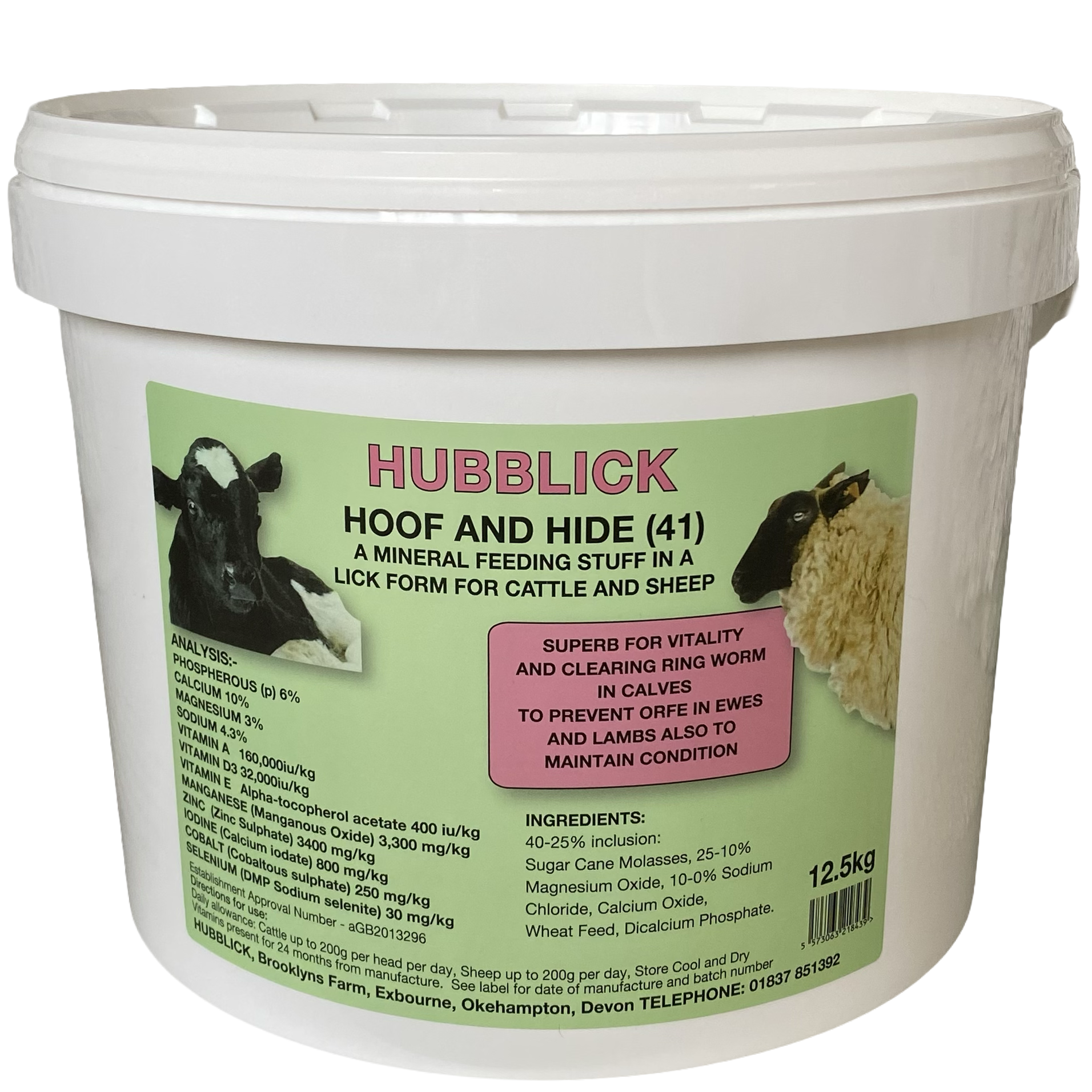White bucket of Hubblick hoof and hide mineral supplement with images of a calf and a sheep, and product details including ingredients and analysis.
