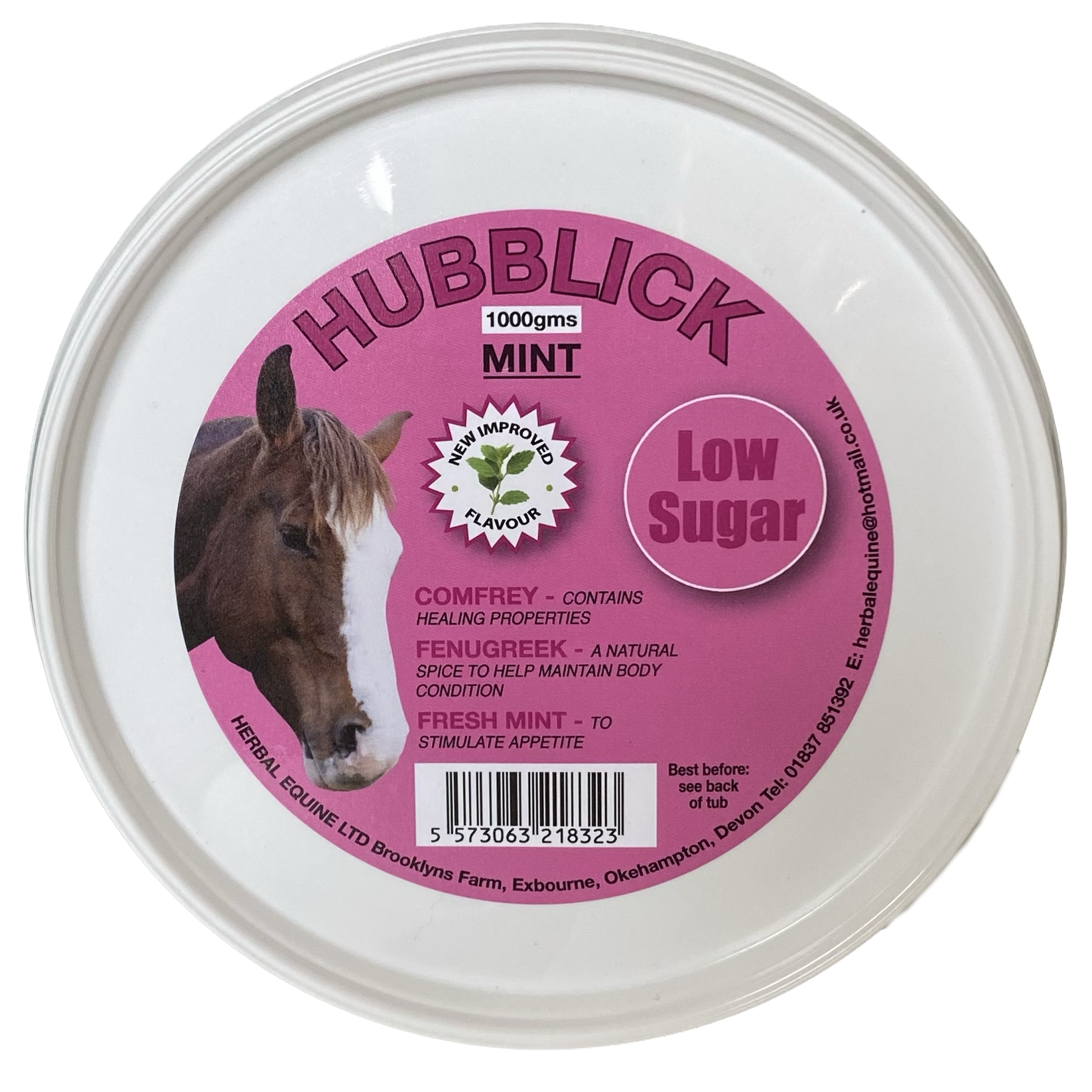 Container of Hubblelick mint low sugar herbal horse treat with a horse's head on the label, pink background, and a barcode.
