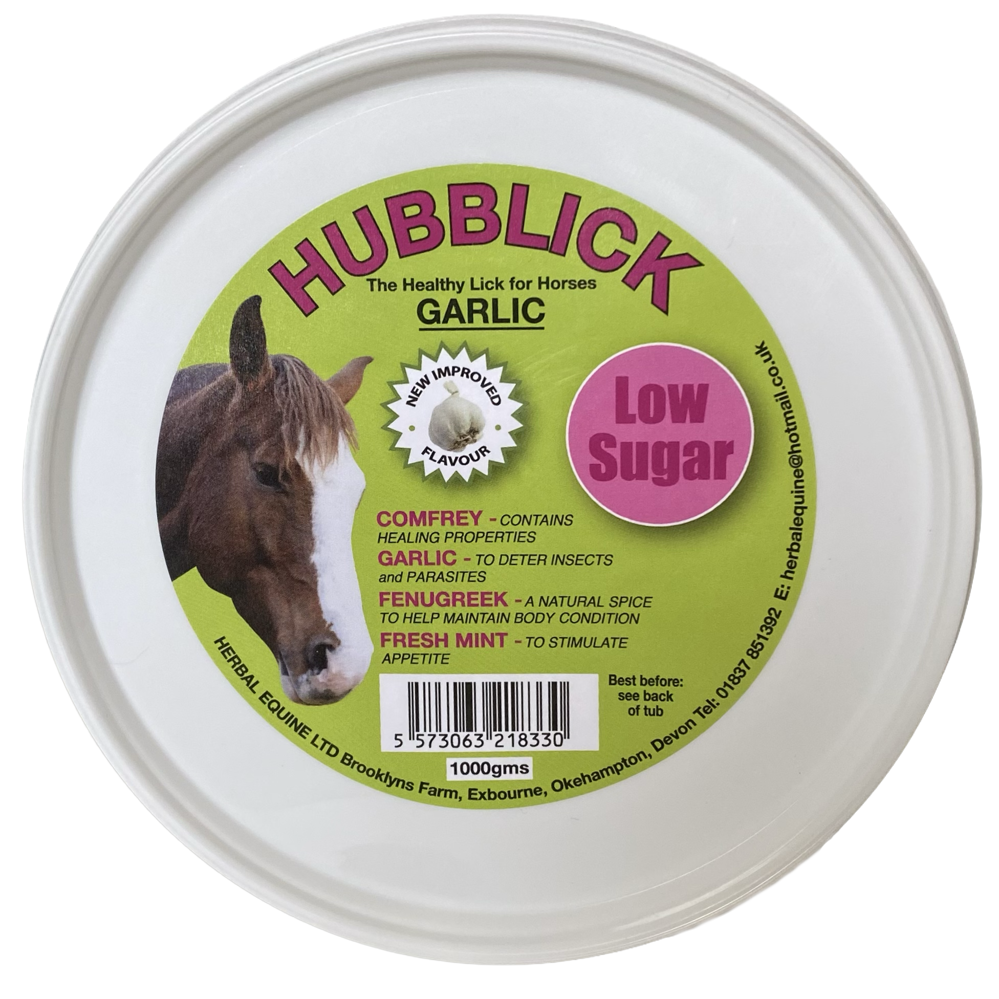 A round container of Hubbleick garlic herbal equine treat with a green label, featuring a horse's head photograph, the product name in bold purple letters, and information about ingredients and benefits, including low sugar content.
